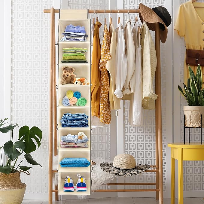2 Pack Large-Sized Hanging Shoe Organizer 8-Shelf, Hanging Closet Organizer with 8 Side Pockets, Wider Hanging Shelves for Storage Shoes Clothes 9" W × 11.8" D× 48" H, Beige. - Image 2