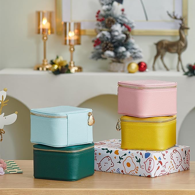 VLANDO Travel Jewelry Box for Women,Faux Leather Jewelry Case with 6 Velvet Jewelry Zipper Pockets,Gift Ideas for Women Wife Earrings Necklace Rings Storage Boxes(Strawberry Pink) - Image 7
