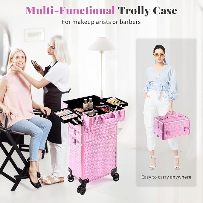 3 in 1 Rolling Makeup Train Case Cosmetology Case on Wheels, Pink | Large Cosmetic Trolley Organizer with Keys Salon Barber Case Traveling Cart Trunk for Artist Hairstylists Nail Tech - Image 4