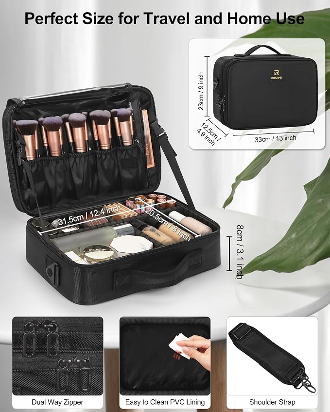 Relavel Makeup Bag Travel Makeup Train Case Large Cosmetic Case Professional Portable Makeup Brush Holder Organizer and Storage with Adjustable Dividers and Shoulder Strap Black - Image 2