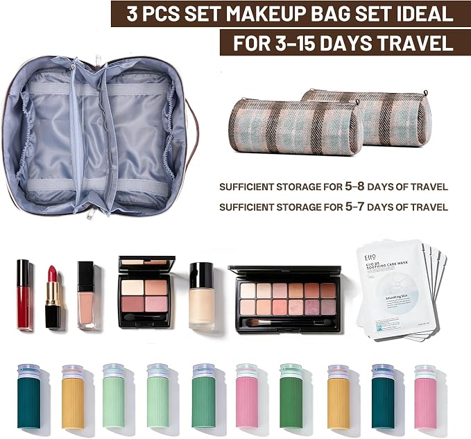 BOYATU Travel Makeup Bag for Women: Scottish Plaid 3 Pcs Set Cosmetic Organizer Bag - 180° Open Large Spacious Holds 50% More Cosmetics - Waterproof Leather Checkered Toiletry Bag (03-Beige) - Image 4