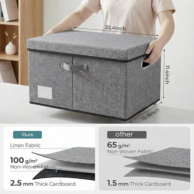 PRANDOM Storage Bins with Lids [3-Pack] Linen Fabric Foldable Storage Boxes Organizer Containers Baskets Cube with Cover for Bedroom Closet Office Grey(23.4X15.9X11.4) - Image 3