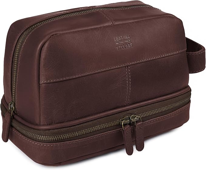 LEATHER VILLAGE Leather Toiletry Travel Bag with Waterproof Lining, Large Capacity Vintage Dopp Kit, 180° Wide Open Shaving & Cosmetic Organizer for Men & Women - Cherry by LeatherVillage