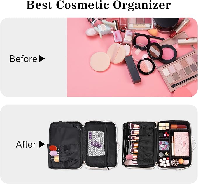 Travel Makeup Train Case,Large Capacity Cosmetic Bags for Women,Portable Makeup Bag Organizer with Adjustable Dividers & Shoulder Strap(Marble White, Medium) - Image 4