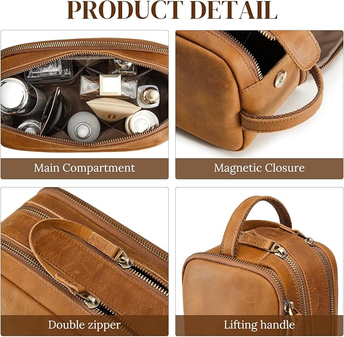 S-ZONE Leather Travel Toiletry Bag for Men Women Cosmetic Shaving Bags | Vintage Top Grain Leather, Multi Compartments, Bronze Hardware, Compact Dopp Kit - Image 4