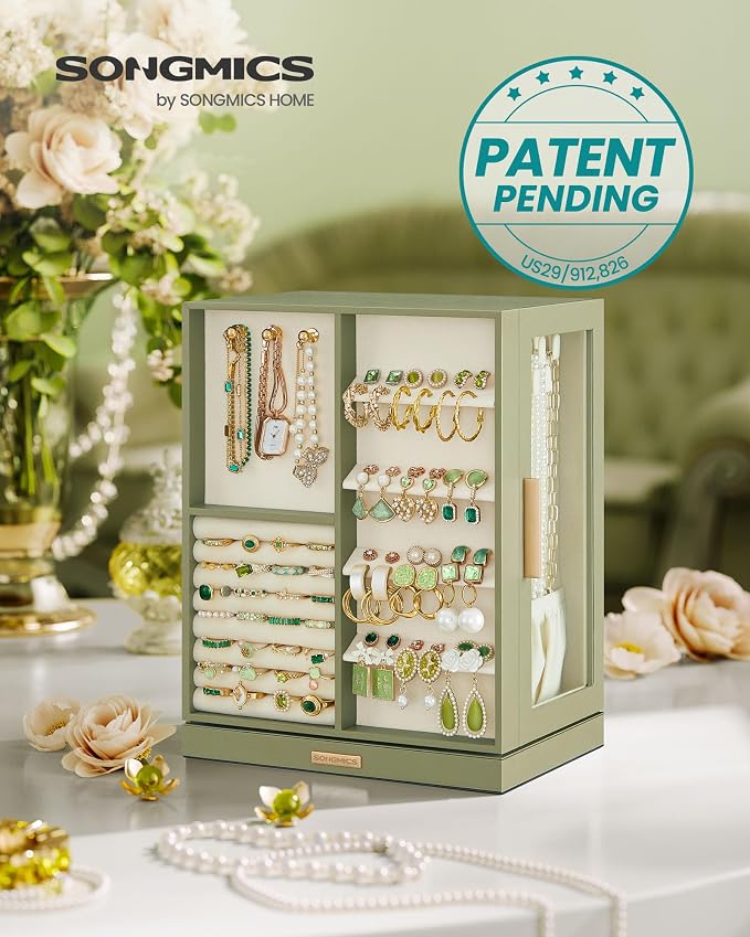 SONGMICS GISELLA Collection - Jewelry Box Organizer 360° Rotating, Vertical Jewelry Storage Case with 5 Drawers, Glass Window, Spacious, Open Design, Great Gift, Laurel Green UJBC170C02 - Image 2