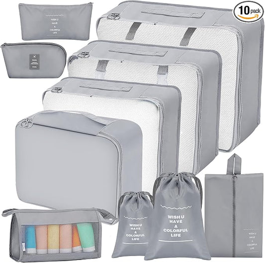 AiQInu 10 Piece Suitcase Organizer, Packing Cube Set Travel Organizer, Space-Saving for Clothes, Shoes, Underwear, Cosmetic Products by AiQInu