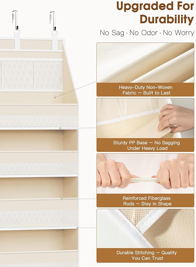 Criusia 2 Pack Over the Door Organizer, 6-Shelf Closet Hanging Storage with 13 Mesh Pockets, 55lbs Capacity Behind the Door Storage for Baby Nursery, Bathroom, Bedroom, and Dorm, Beige - Image 4