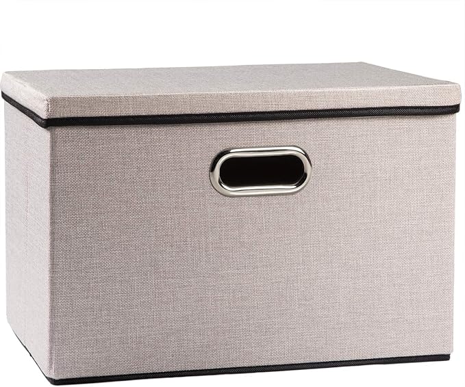 PRANDOM Large Foldable Storage Bin with Lid [1-Pack] Linen Fabric Decorative Storage Box Organizer Container Basket Cube with Handles Divider for Closet Office Living Room Light Grey(17.7x11.8x11.8) by Prandom