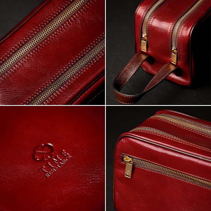 Time Resistance Leather Cosmetic Bag - Italian Toiletry Dopp Kit (Red) - Image 5