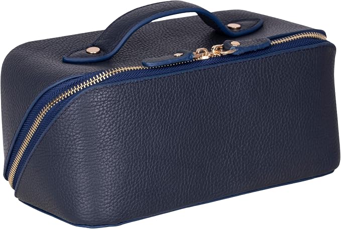 VENOULT Makeup Bag, Spacious Cosmetic Case for Women, Portable 180° Wide-Open Flat Cosmetic Bag, Travel Toiletry Organizer with Handle, Hanmdade, Full Grain Genuine Turkish Leather (Regal) by VENOULT