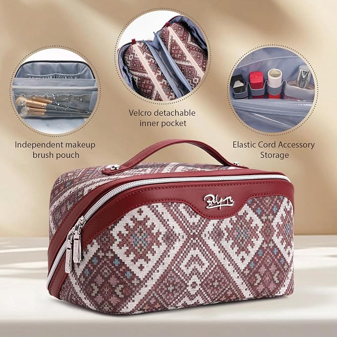 BOYATU Travel Makeup Bag Organizer: Boho Large Capacity Cosmetic Bag Sets | 3Pcs Waterproof Leather Toiletry Bags | 180°Open Flat Make up Case with Compartments | Western Travel Essentials for Women - Image 4