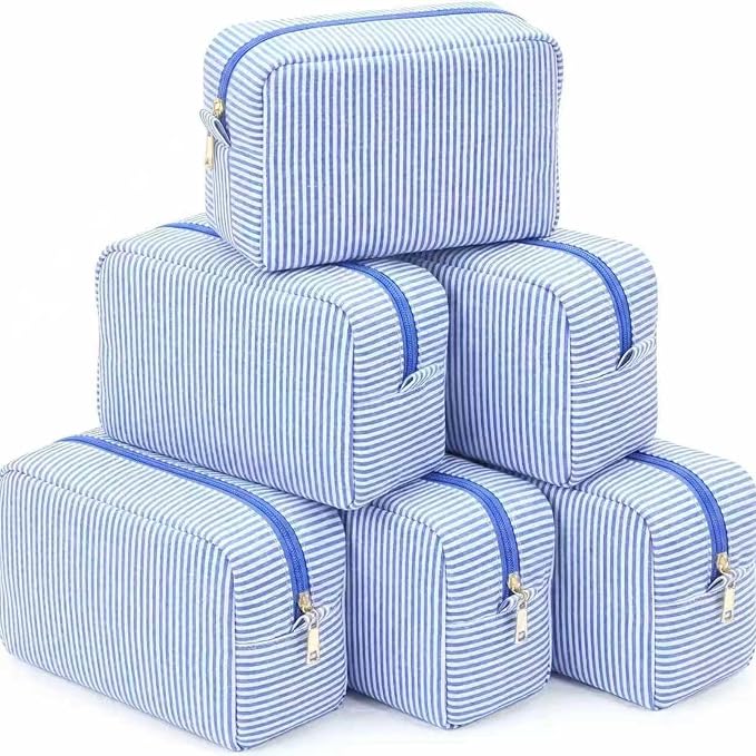 6 PACK Makeup Bags-Bulk Graduation Gifts Seersucker Cosmetic Bag for Women Bridesmaid Gifts Makeup Pouch for Wedding Party Favors Bachelorette Party Decorations Travel Toiletry Organizer(6, Blue) by Home