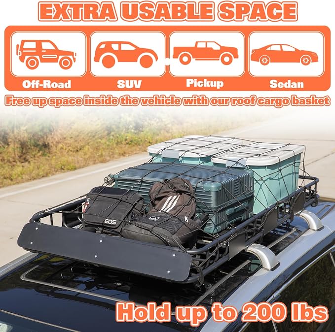 WEIZE Roof Rack Carrier Basket Universal Rooftop 64" x 39" x 5" Large Size Roof Rack + Waterproof Bag, Cargo Net with Attachment Hooks, Ratchet Straps for SUV, Truck - Image 4