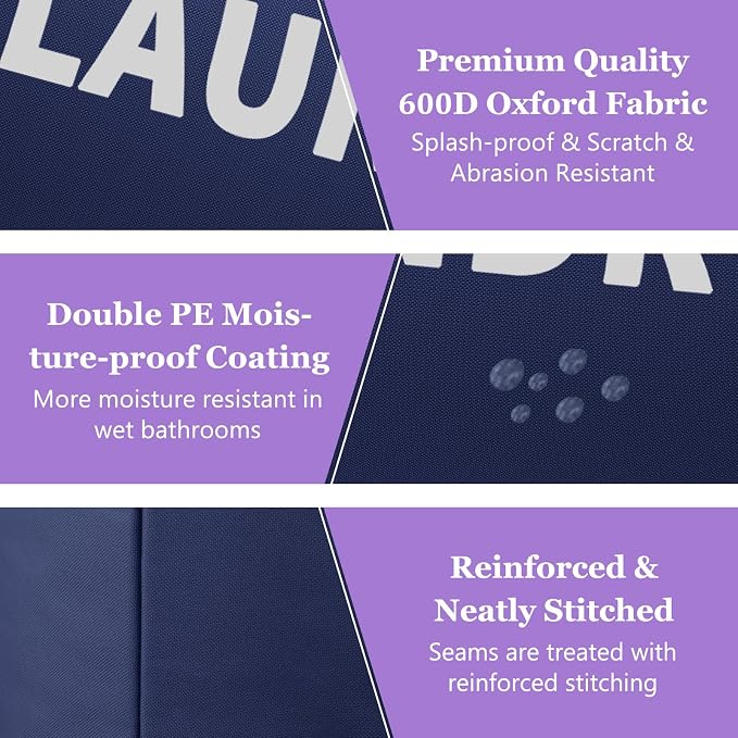 Set of 2 Large Laundry Baskets for Adult, 95L Collapsible Laundry Baskets with Aluminum Handles, Portable Dirty Clothes Hampers for Bedroom, Travel, Purple + Navy Blue - Image 9