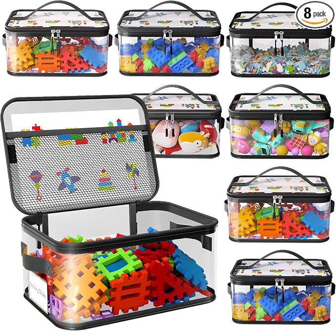 8 Packs Large Clear Toy Storage Bags with Labels, Handles, Zippers L | Large Capacity, Transparent PVC, Waterproof Dustproof, Space-saving, Portability for Building Blocks, Puzzle, Dolls, Travel by Shcsdr