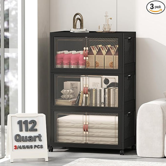 UAMFURI 336QT Lockable Storage Bins with Lids - Stackable Storage Cabinet with Doors and Wheels, Collapsible Plastic Organizer and Containers for Bedroom Dorm Office Garage, 3 Pack Cubes | Stackable Organizer with Doors & Wheels, Foldable Containers fo... by UAMFURIDirect