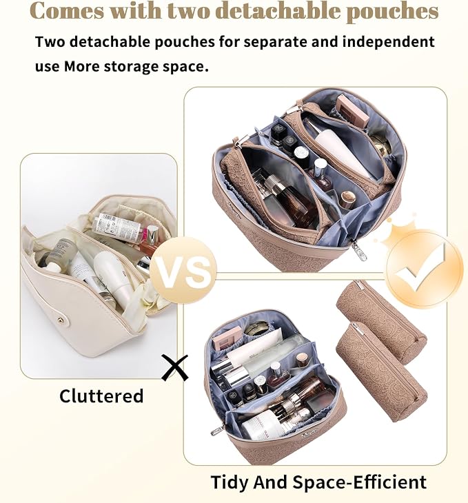 BOYATU Travel Makeup Bags Cosmetic Organizer Bag: 3-Set Large Capacity Make up Bag - PU Leather Toiletry Bags for Women - Wide Open Portable Pouch with Divider & Handle (A-Tan) - Image 4