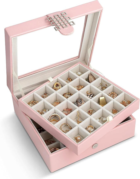 Glenor Co Earring Organizer - Classic 50 Section Jewelry Box/Case/Holder for Earrings, Rings, Necklaces, Jewelry, Cufflinks or Collections -2 Layer Small Compartments with Large Glass Top - Soft Pink by GlenorCo
