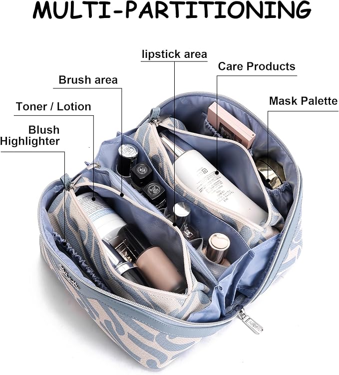 BOYATU Travel Makeup Bag for Women: Large Capacity 3-Piece Cosmetic & Toiletry Organizer - Expands Storage by 50% with 2 Detachable Pouches,Opens Flat for Easy Packing,Waterproof PU Leather(Blue) - Image 4