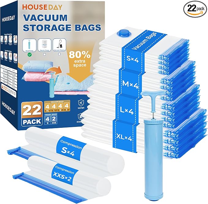 HOUSE DAY 22 Pack Vacuum Storage Bags with Pump,Space Saving Vacuum Seal Bags For Clothing Travel,4 Jumbo/4 Large/4 Medium/4 Small, 4S Roll/2XXS Roll Bags, Hand Pump Included, Sealer Clothes Storage by HOUSEDAY