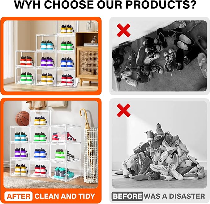 2 Pack Deep Clear PET Sneaker Boxes for Sneakers & High Tops,Fit Size 13 | 10.6 x 14.2 x 9.1 in deep narrow-front boxes for sneakers, athletic shoes and many high-top styles. Space saving storage - Image 8