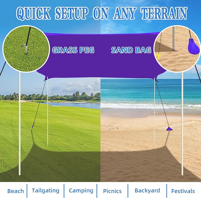 UMARDOO Family Beach Tent Canopy Sun Shade Portable 10×10FT, Large Wind Resistance Beach Sun Shelter Easy Setup with Packable Carry Bag for Outdoor Travel UPF 50+(Purple) - Image 5