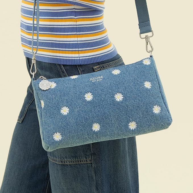 JuJuBe 3-Piece Pouch Set Diaper Bag Organizing Pouches, Perfect for Travel, On The Go, Zipper Cosmetic Makeup Bag or Diaper and Wipes Storage Pouch, Large, Medium, & Small, Denim & Daisies (Blue) - Image 8