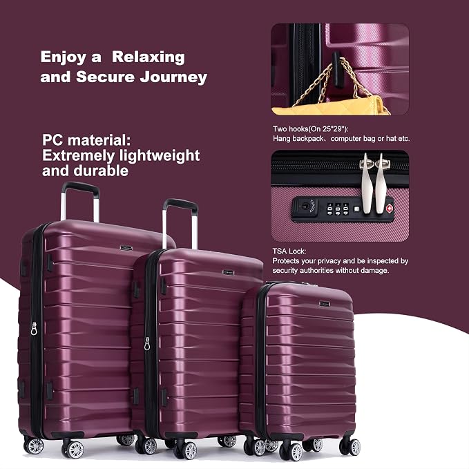 Travelhouse Hardside 3-piece Luggage Set, PC suitcases with Spinner Wheel | Double Spinner Wheels,TSA Lock, Underseat Waterproof Duffel Bag - Image 3