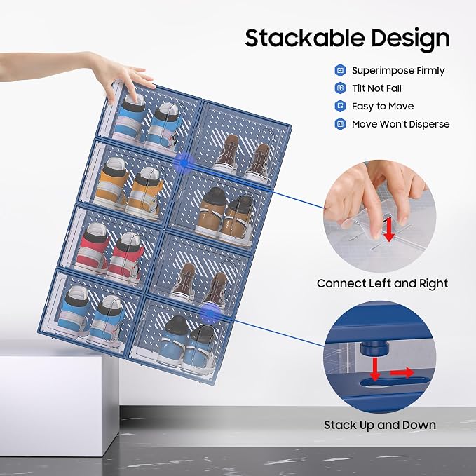 eWonLife Large Shoe Organizer Storage Box with Magnetic Door,12 Pack Clear Plastic Stackable Sneaker Containers for Closet, Connect Left and Right Shoe Box for Entryway, Drop Front, Under Bed (Blue) - Image 4