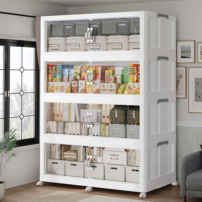 240Gal/960QT 4-Tiers Extra Large Stackable Storage Bins with Lid, Collapsible Cabinet Closet Organizer Plastic Container Box with Wheels Doors Drawers for Office Dorm Kitchen, White by Unknown