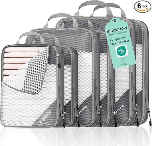NICOSHOW 6 Set Compression Packing Cubes for Travel - Compressible, Lightweight, and Space-Saving Packing Cubes, Travel Essentials for Women, Grey by NICOSHOW