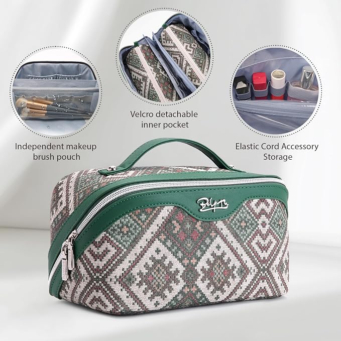 BOYATU Travel Makeup Bag Organizer: Boho Large Capacity Cosmetic Bag Sets | 3Pcs Waterproof Leather Toiletry Bags | 180°Open Flat Make up Case with Compartments | Western Travel Essentials for Women - Image 4