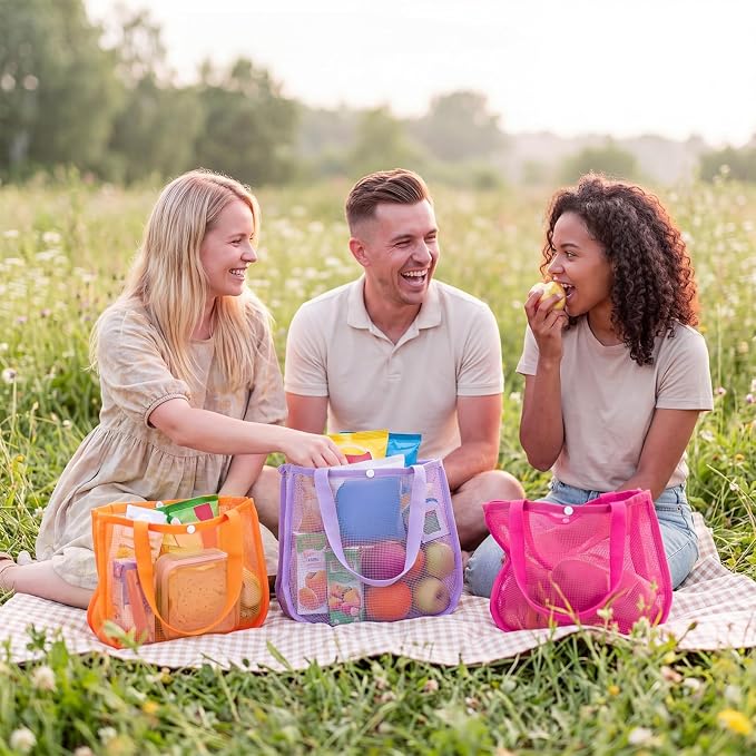 Kinlop 8 Pcs Mesh Beach Bag with Multiple Mesh Pockets Foldable Beach Tote Pastel Colors Shell Collecting Bag Family Travel Vacation Essentials for Family Travel Toys Camping Pool Gear Sports - Image 4
