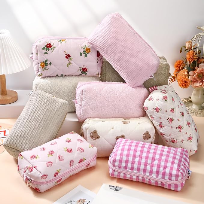 Paterr 10 Pcs Quilted Makeup Bag Bulk Cotton Floral Cosmetic Bag Women Girls Bridesmaid Gifts Cute Makeup Pouch Coquette Aesthetic Travel Toiletry Organizer(Beige Floral,7.87 x 4.72 x 3.15 Inches) - Image 4