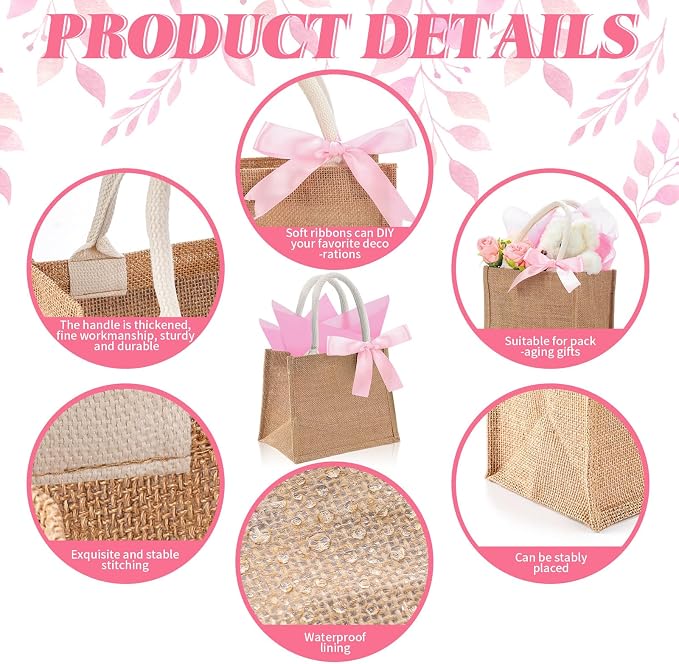 Shinylin 12 Pack Burlap Tote Bags Bulk with Handles Small Wedding Jute Tote Bag with Pink Tissue Paper & Ribbon, Reusable Party Favor Bags for Bridesmaid Proposal Bridal Shower Galentine's Day - Image 3