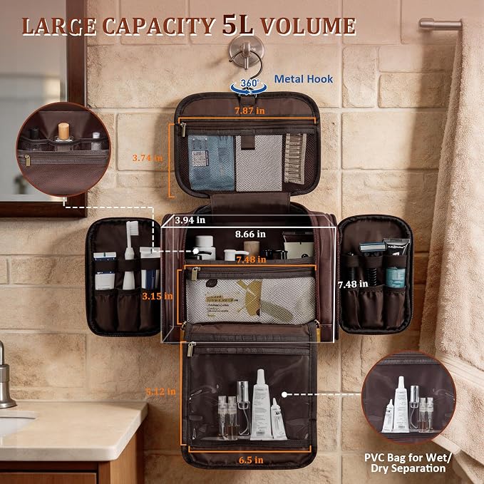 30th 40th 50th 60th 65th 70th 75th Birthday Gifts for Men Father Dad Husband Brother Son Adult, Large Leather Travel Toiletry Bag Dopp Kit Hanging Shaving Case, Tan Brown Initial Letter C - Image 4