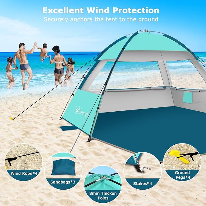 COMMOUDS Beach Tent Sun Shelter for 3/4/6/8 Person, UPF 50+ UV Protection Beach Shade Canopy Tent, Lightweight, Easy Set Up and Carry - Image 6