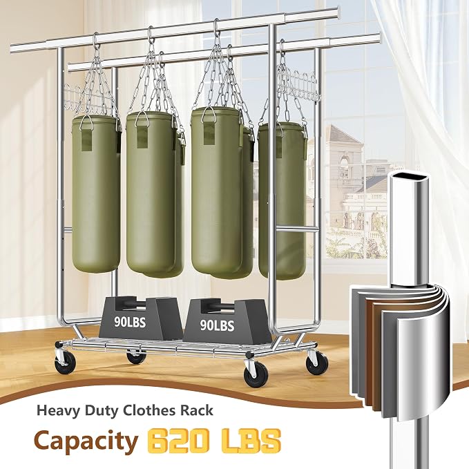 Hoctieon 2-Minute Assembly Double Rod Clothes Rack, Heavy Duty Rolling Clothing Racks with Wheels, Foldable Commercial Garment Rack, Extendable Hanging Bar, Adjustable Metal Pole with Hooks, Chrome - Image 5