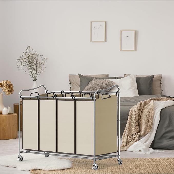 Simple Houseware 4-Bag Heavy Duty Rolling Laundry Sorter Cart, Chrome | Removable Bags and Lockable Wheels for Laundry Room Organization - Image 4