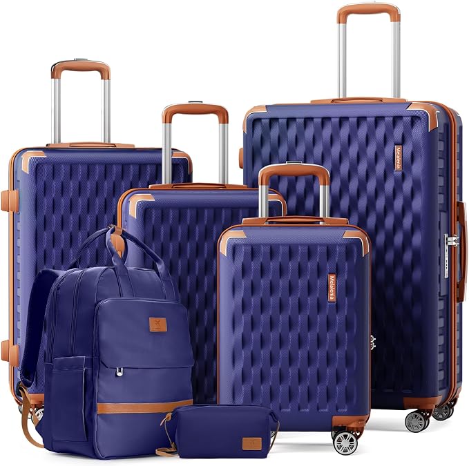 Melalenia Suitcase Sets 6 Piece Hard Shell Carry on Luggage with Spinner Wheels and TSA Lock, Lightweight Travel Backpack for Women, Men, Navy Brown by Melalenia