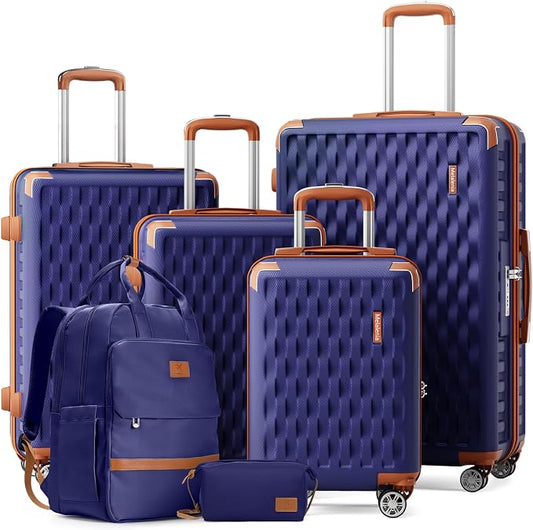 Melalenia Suitcase Sets 6 Piece Hard Shell Carry on Luggage with Spinner Wheels and TSA Lock, Lightweight Travel Backpack for Women, Men, Navy Brown by Melalenia