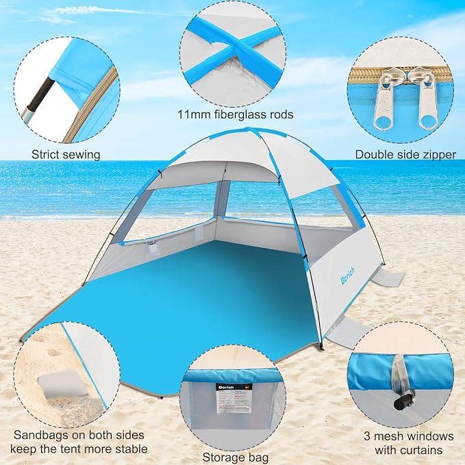Gorich Beach Tent Sun Shelter for 3/4/6/8/10 Person with UPF 50＋ UV Protection, Lightweight & Easy Setup Beach Shade Canopy, Portable Beach Shade Tent Beach Cabana - Image 5