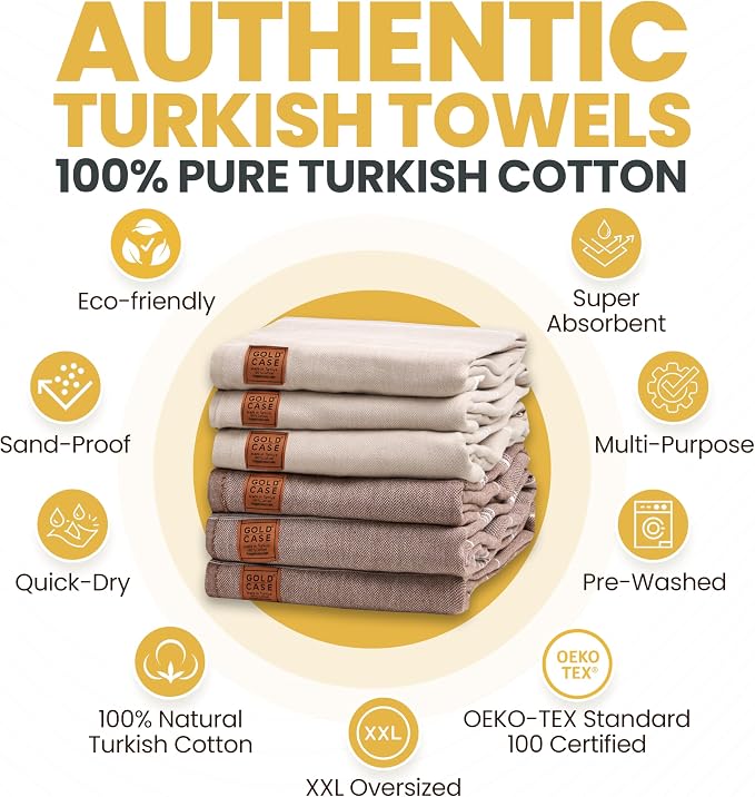 Gold CASE LYCIA Turkish Beach Towel Set of 6 – 100% Cotton Turkish Beach Towels Bulk 70 x 38'' – LYCIA Oversized, Quick Dry & Sand Free Beach Towel – Lightweight Towels Set in Mocha Mousse - Image 4