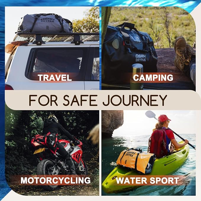 OSAH DRYPAK Waterproof Duffel Bag - Motorcycle Dry Bag Tail Bag with Large Storage Space, Waterproof Luggage Duffle Bags with Outer Mesh Zipper Pocket for Camping, Kayaking, Fishing & Traveling - Image 6