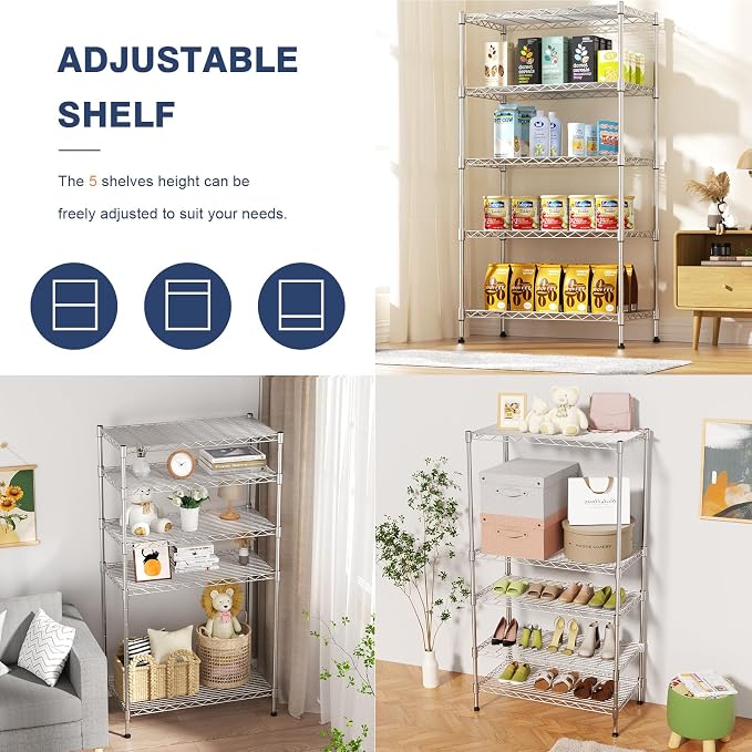5-Tier Heavy Duty Metal Shelf,Chrome Wire Shelving Unit 35" Wx18 Dx71 H,Height Adjustable Storage Wire Shelves with Lockable Wheels for Garage,Kitchen,Office,Bathroom,Studio - Image 4