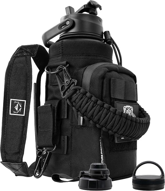 NATURE PIONEOR 32 oz Tactical Water Bottle with MOLLE Bottle Pouch & 3 Lids | 18/8 Food-grade Stainless Steel, Double Vacuum Insulation, 3 Leak-proof Lids, Handle, Strap, Camping, Hiking, Gym, Work by NATUREPIONEOR