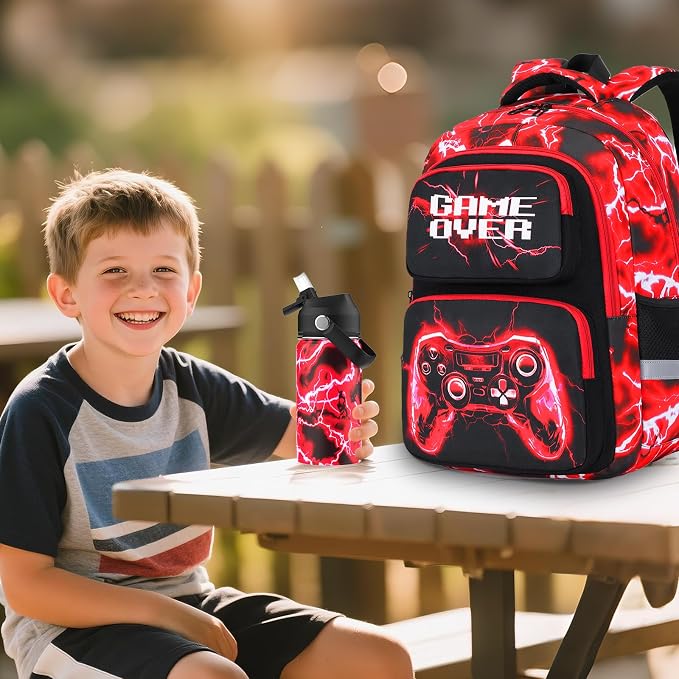 Bevalsa Kids Backpack for Boys with 14oz Insulated Bottle, Gamer Backpack School Bags for Kids & BPA-FREE Stainless Steel Metal Bottle for Elementary Middle School Student (Red Lightning) - Image 7