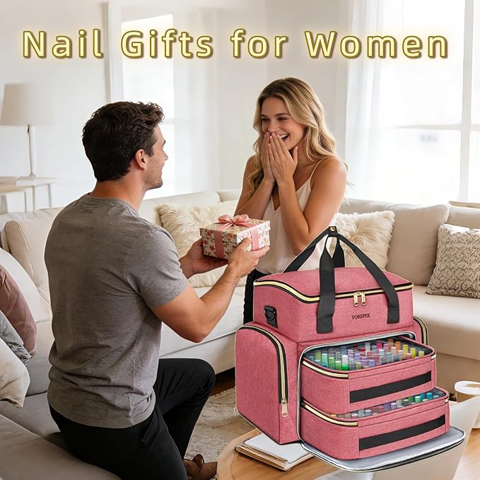 YOREPEK XL Nail Polish Organizer Case for 96 to 100+ Bottles, Pink | Nail Organizer With 96 Slots Foam Inserts, Travel Nail Tech Carrying Case with Adjustable Space for Gel Dip Powder Tips Set - Image 2