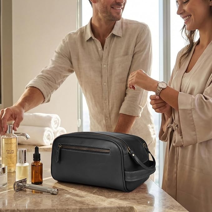 Full Grain Leather Toiletry Bag for Men & Women – Water-Resistant Travel Shaving Kit Organizer with YKK Zipper, Spacious Bathroom Grooming & Cosmetic Storage Case - Black - Image 7